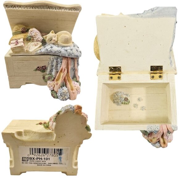 Vintage 1997 FIGI Hope Chest Box Hinged Sleeping Cat Trinket Box Home Décor - Picture 1 of 16